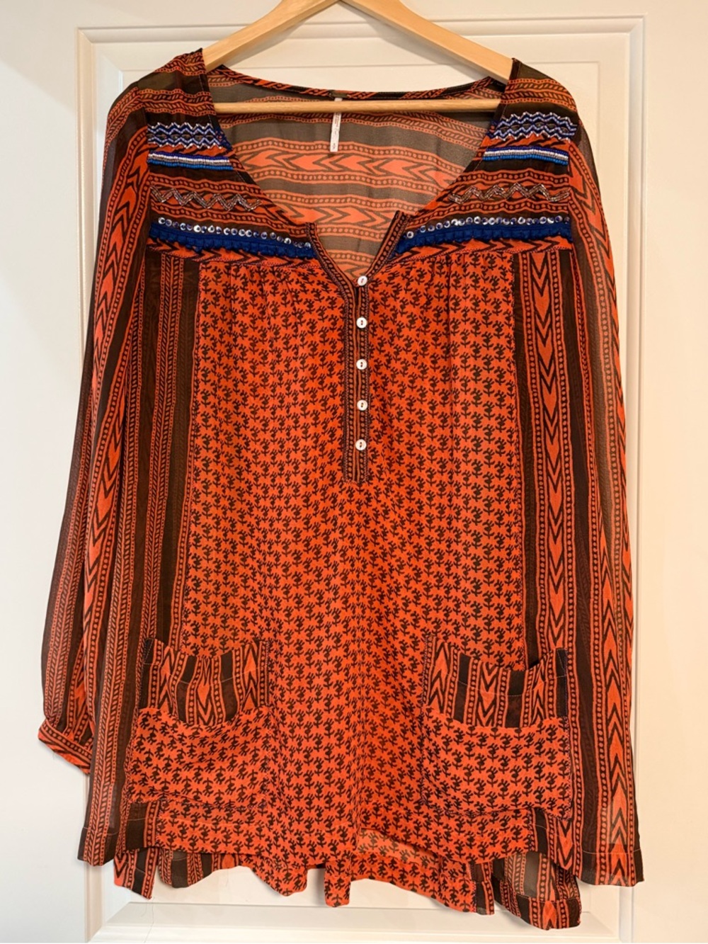 Free People Boho Orange Tunic Top with Blue Trim